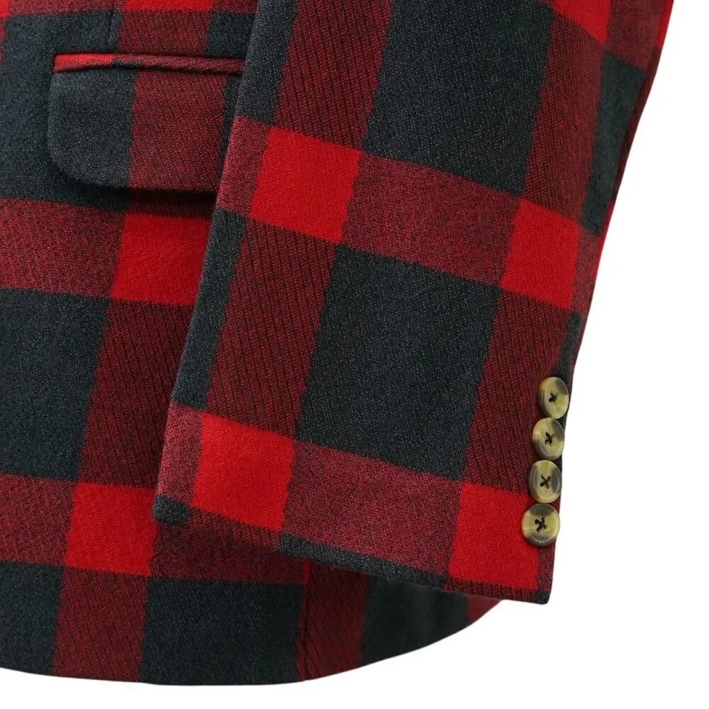 Mens 48R Red Black Buffalo Plaid Wool Blazer 2 Button Sport Coat Wedding Formal
